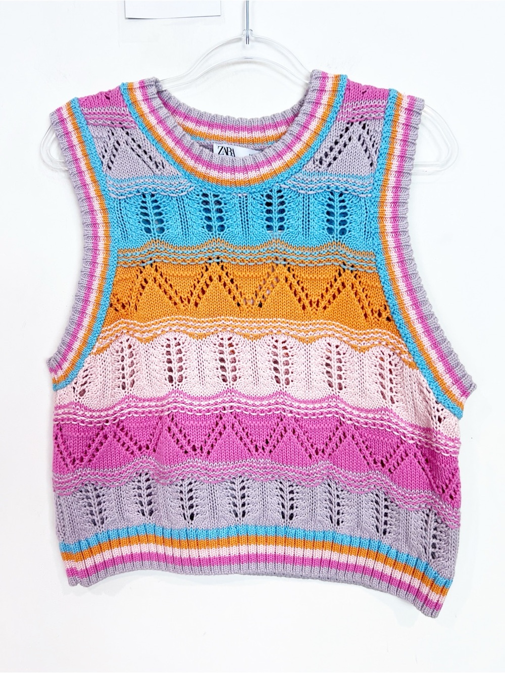 ZARA PINK ORANGE BLUE STRIPE CROCHET SLEEVELESS SWEATER SZ LARGE NWT